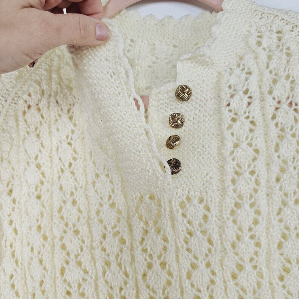 Vintage 70s Handmade Womens Sweater S M Ivory Retro Cottage Eyelet Granny Boho - Picture 5 of 7